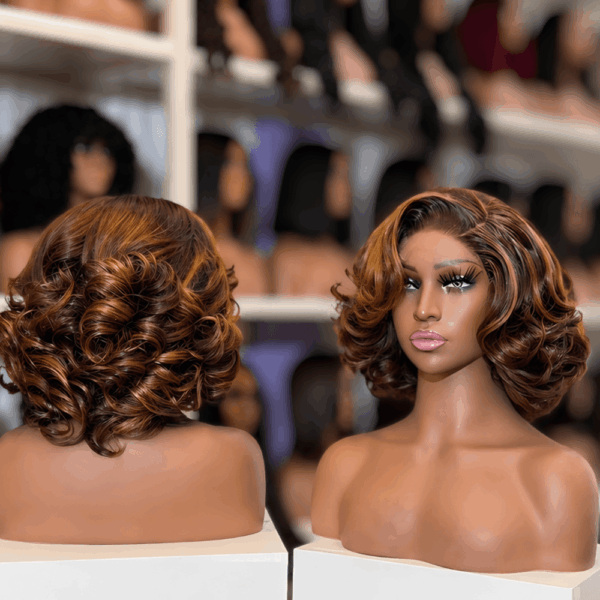 Layered Brown Bob Closure Wig with Blonde Highlights