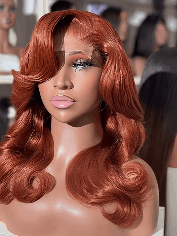 Voluminous Copper Auburn Wavy Lace Front Wig